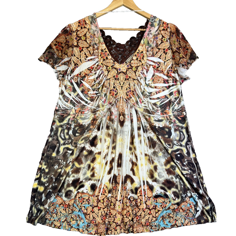 Energe Tunic 2X Multi Paisley Flutter Sleeve V Neck Back Lace Studded Boho Arty
